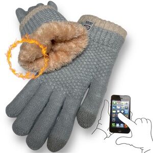 Women’s Light Grey Winter Gloves- Warm Fleece-Lined Knit,Touch Screen Compatible